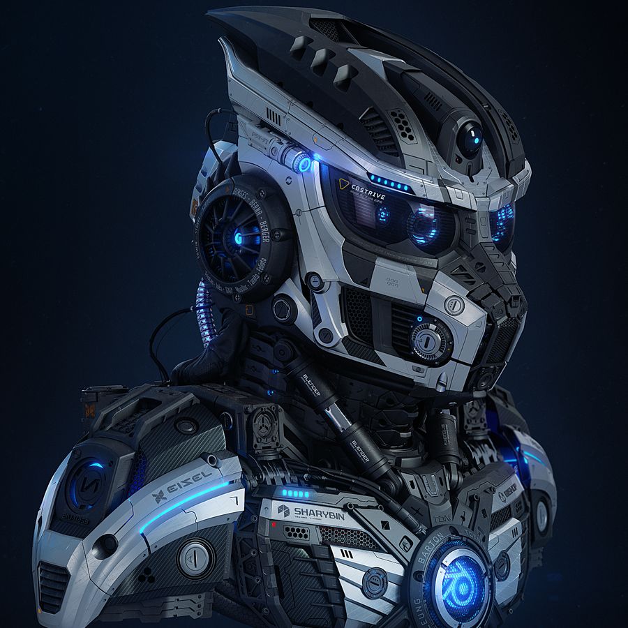 Portrait render of a futuristic helmet and upper torso with blue emissive accents.