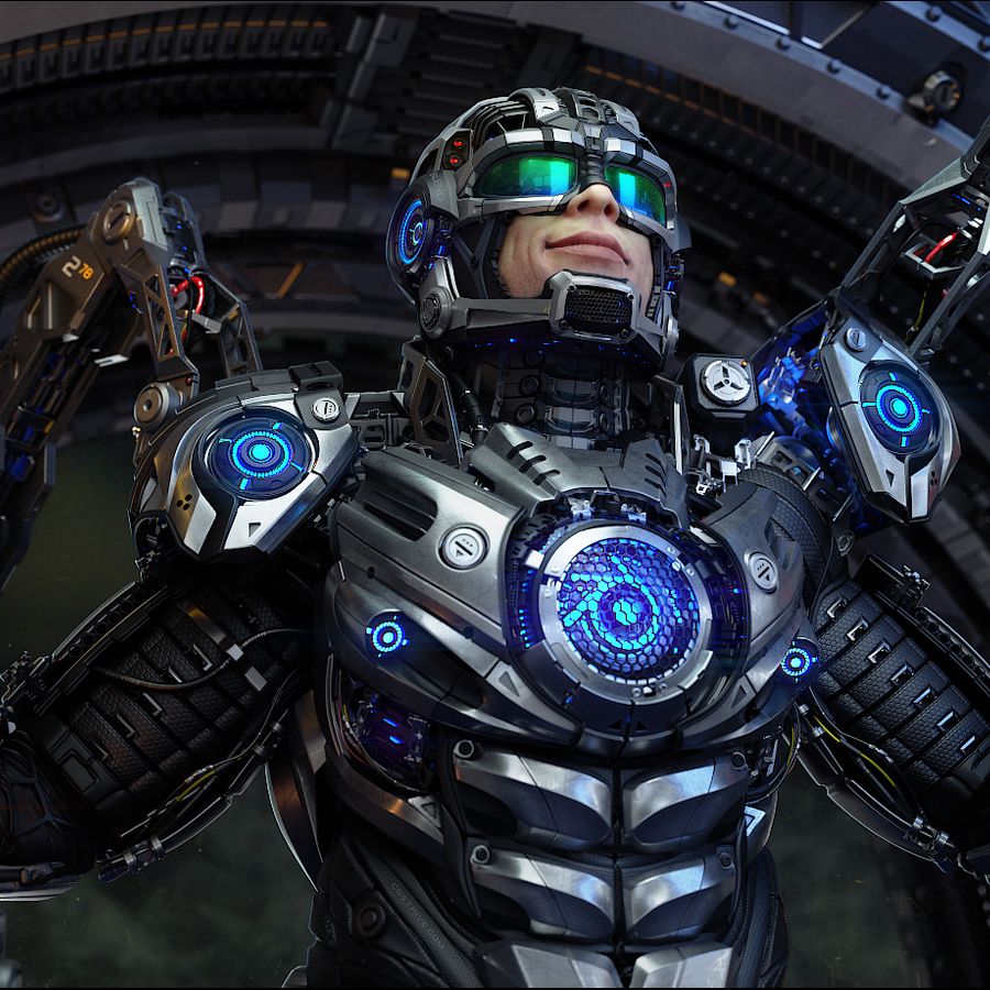 Wide cinematic render of a cybernetic character inside a circular mechanical chamber.