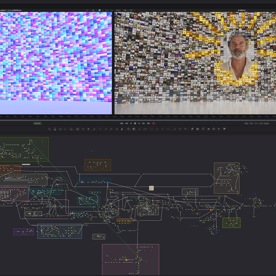 Fusion composition for The Gift featuring a large wall of animated TV screens.