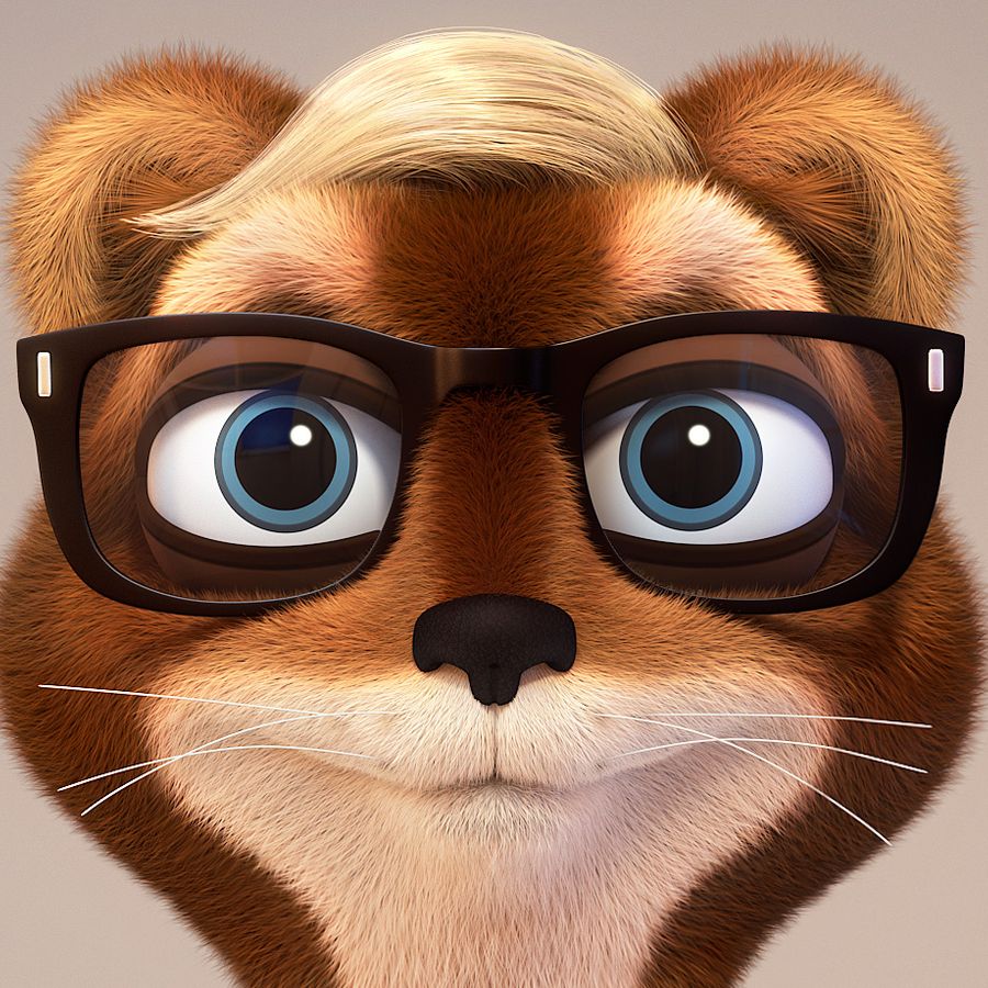 Front-facing furry mascot with large glasses on a neutral background.