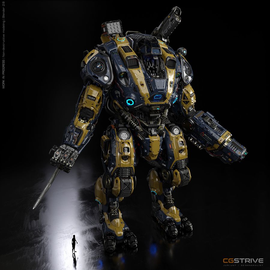 Bishop mech character render on a black studio floor.