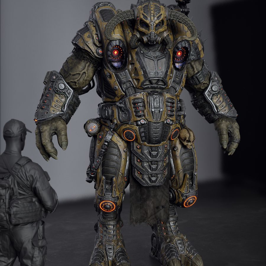 Armored flamer character standing in a neutral studio setup.