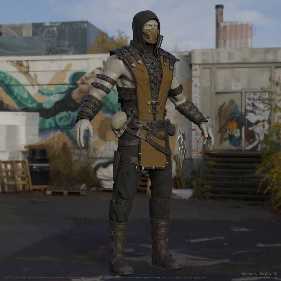 Masked scorpion-inspired character posed in an outdoor environment.